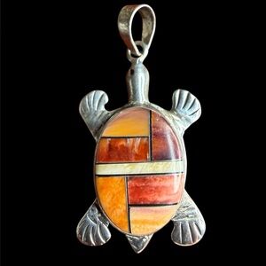 Vintage JS Sterling Zuni Style Inlay Turtle Pendant Spiny Oyster Native